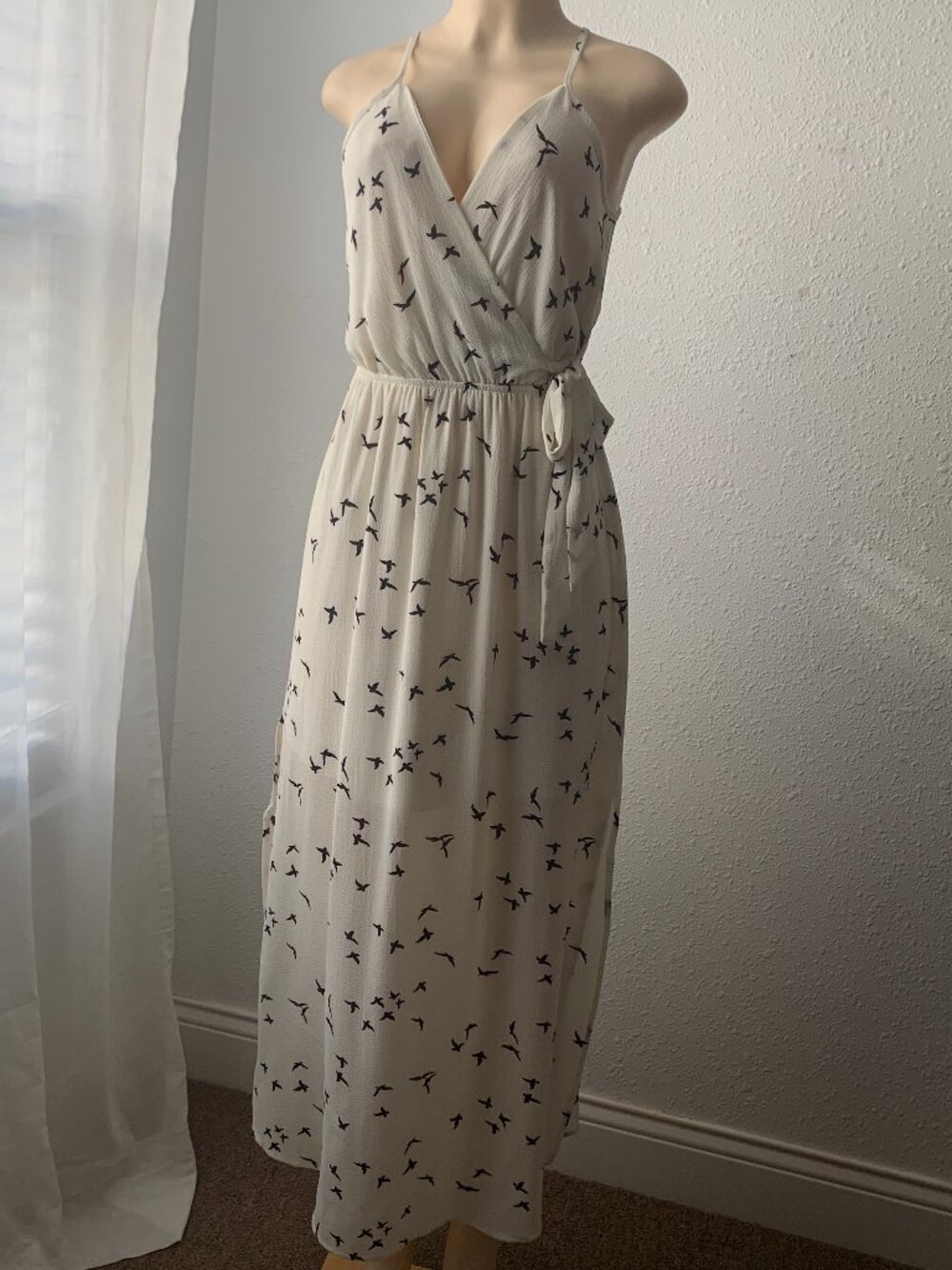 Dream Of Me White Bird Print Maxi Dress Faux Wrap Spaghetti Strap Medium
